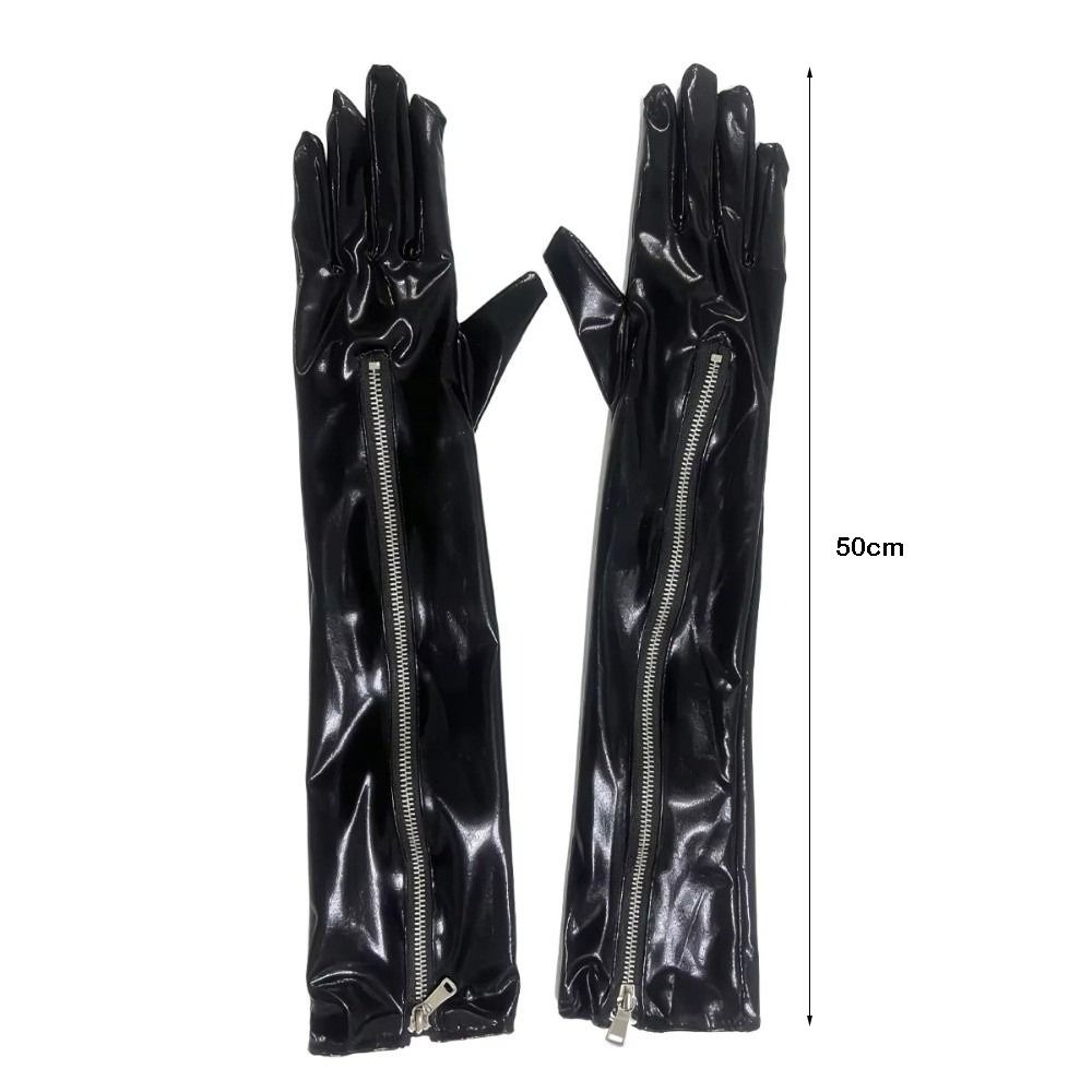 1 Pair Black Zipper Gloves PVC Over Elbow Gloves Sexy Steel Pole Dance Gloves Cosplay Costume