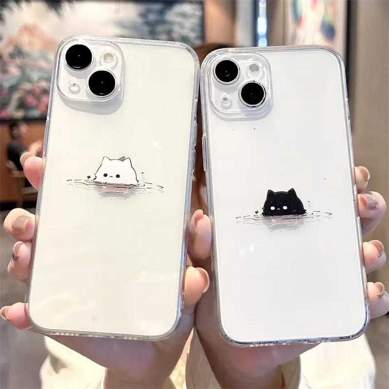 Funny Black White Cat Lovers Couple Phone Case For iPhone 16 15 14 13 12 11 Pro Max XS X XR 7 8 SE Silicon Paired Cover Funda