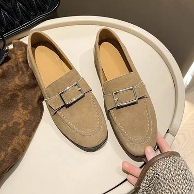 New Round Toe Casual Shoes Women British Style Retro Soft Leather Daily Simple Buckle Flat Shoes Zapatos De Mujer