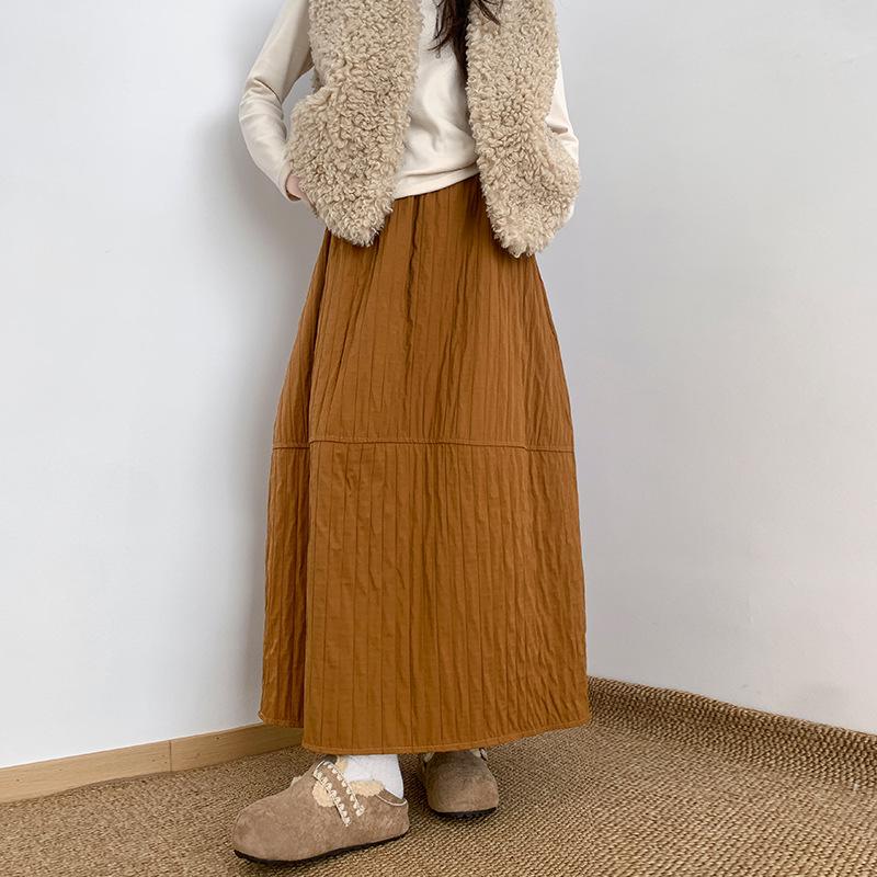 Women's High-Waisted Textured A-Line Mid-Length Skirt - Autumn/Winter Retro Pumpkin Fluffy Design