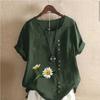 Women's Fashion Round Neck Short Sleeve T-shirt Casual Cotton Linen Graphic Shirt Chrysanthemum Prined Summer Blouse Tops Plus Size