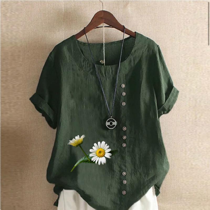 Women's Fashion Round Neck Short Sleeve T-shirt Casual Cotton Linen Graphic Shirt Chrysanthemum Prined Summer Blouse Tops Plus Size