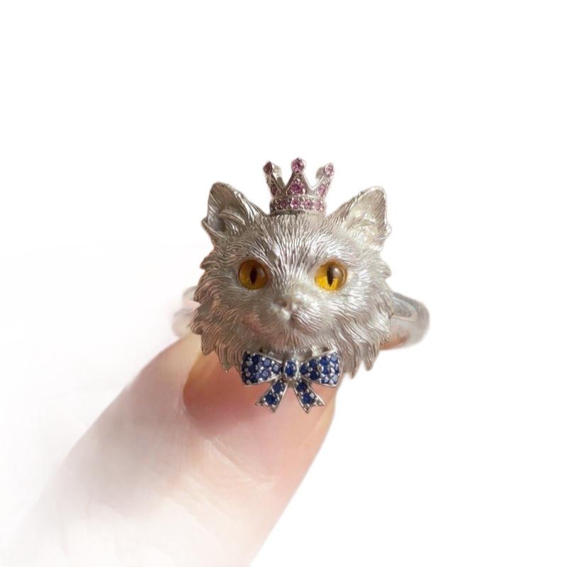 Cute Cat Ring with Personalized Design, Diamond-Embedded Crown and Bow, Open-Back Finger Ring, High-End Style Accessory