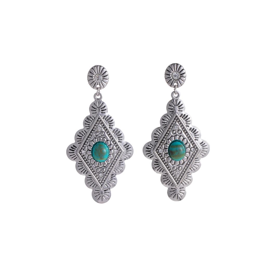 Vintage Carved Texture Turquoise Earrings, Bohemian Ethnic Style Rhombus Exaggerated Earrings For Women
