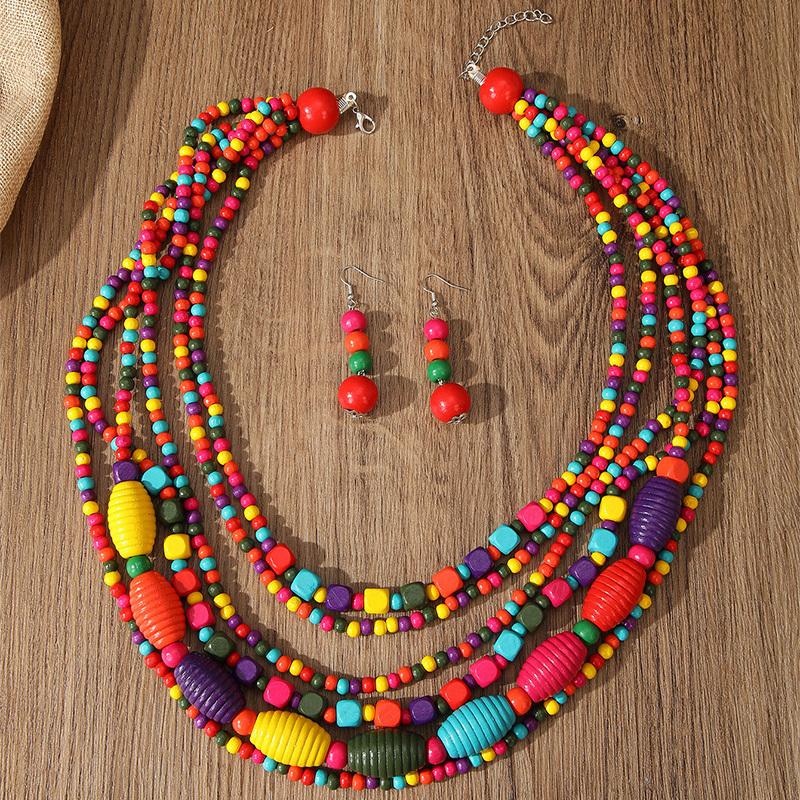 Afrikanisches Schmuckset Bohème Mehrschichtig Bunte Holzperlen Handgefertigte Perlenkette Und Ohrringe Für Damen Zubehör