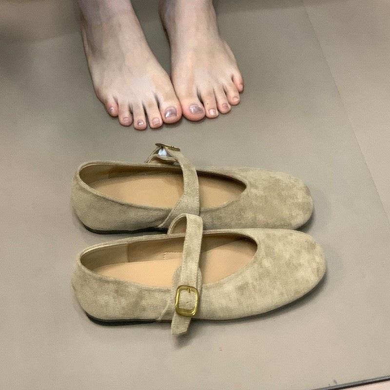 Suede one-word with shallow mouth single shoes, fairy style flat Mary Jane shoes