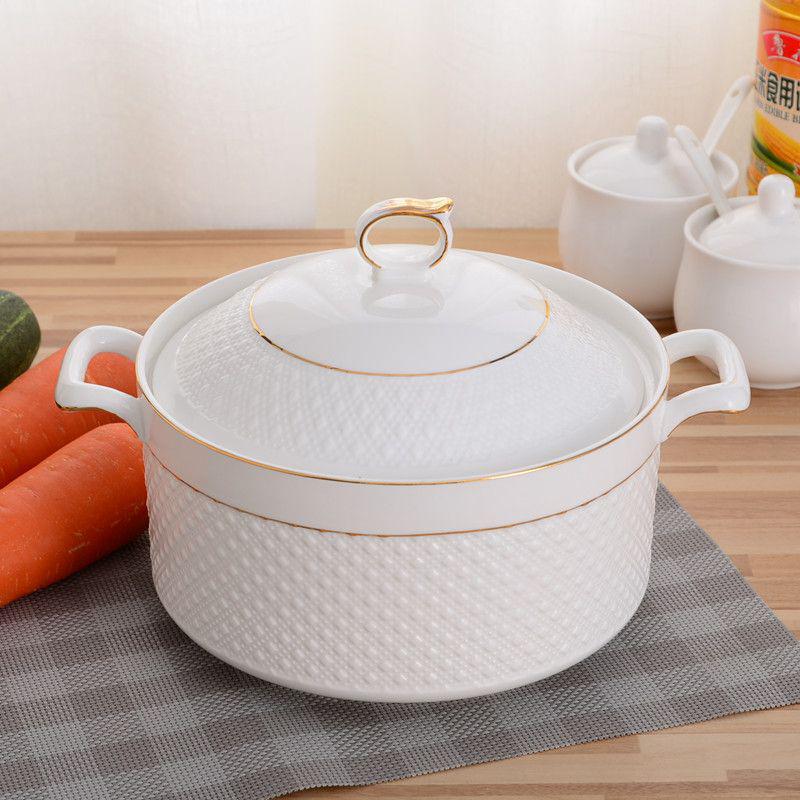 

Ceramic Double-Ear Covered Stew Pot - Large Capacity, Pure White, Microwave Safe Bowl for Soups and Rice.