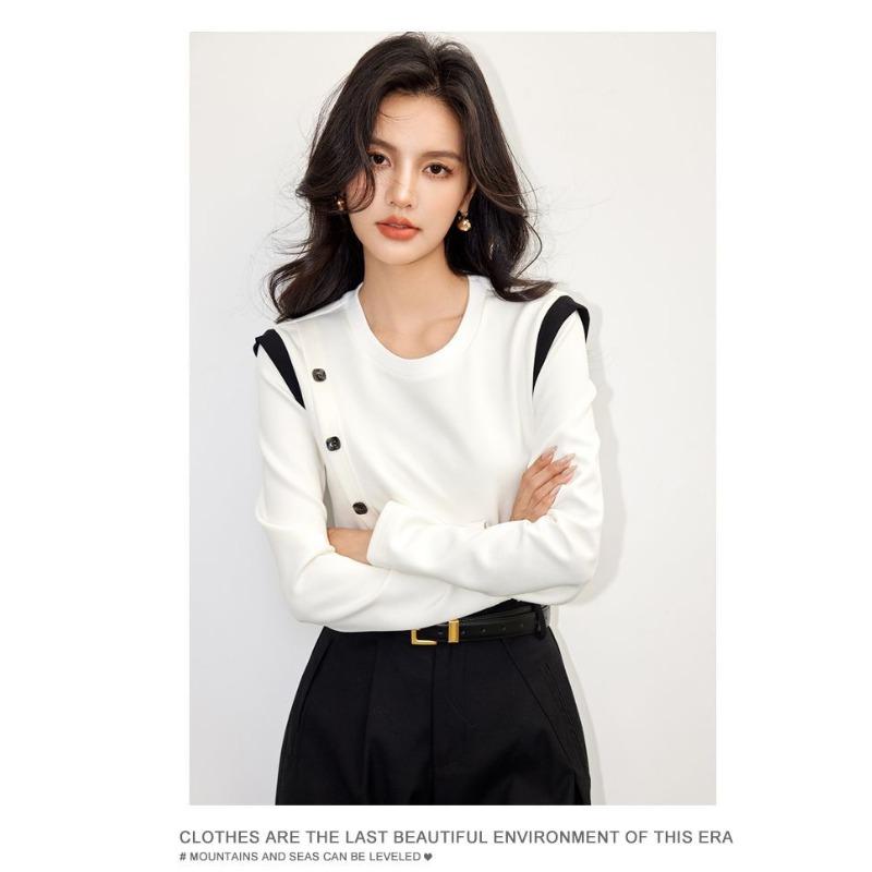 

Autumn French Style Design Right Shoulder Round Neck Color Matching New Style Loose and Slimming Top for Age Reduction L белый