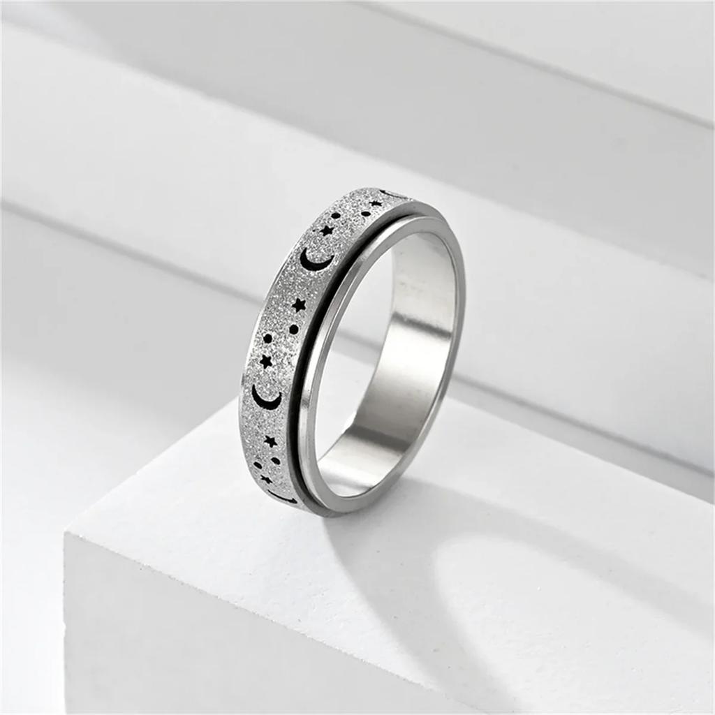 Frosted Stainless Steel Moon And Star Fidget Rings For Men Anti Stress And Anxiety Rotating Ring Fidget Metal Spinner Anillos