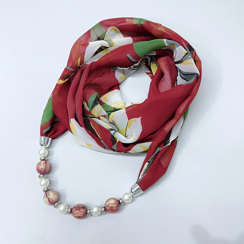 Chic Printed Scarf Necklace with Pearl and Bead Accents – Lightweight Chiffon Infinity Scarf for Women, Fashion Statement Accessory
