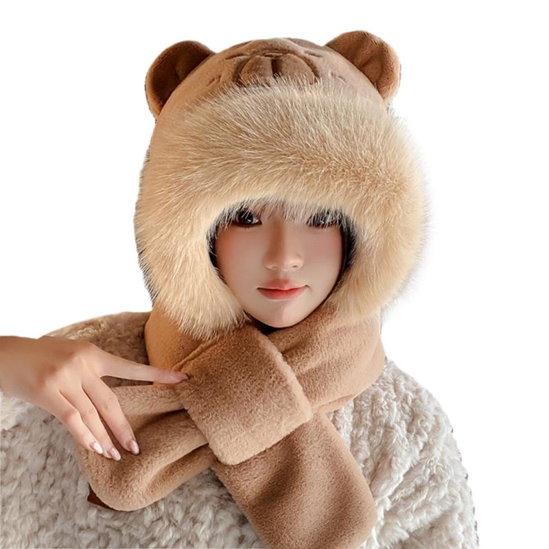 Furry Cartoon Capybara Hat with Scarf Gloves Set Thicken Furry Hat Oversized Headgear Hat for Winter Commute