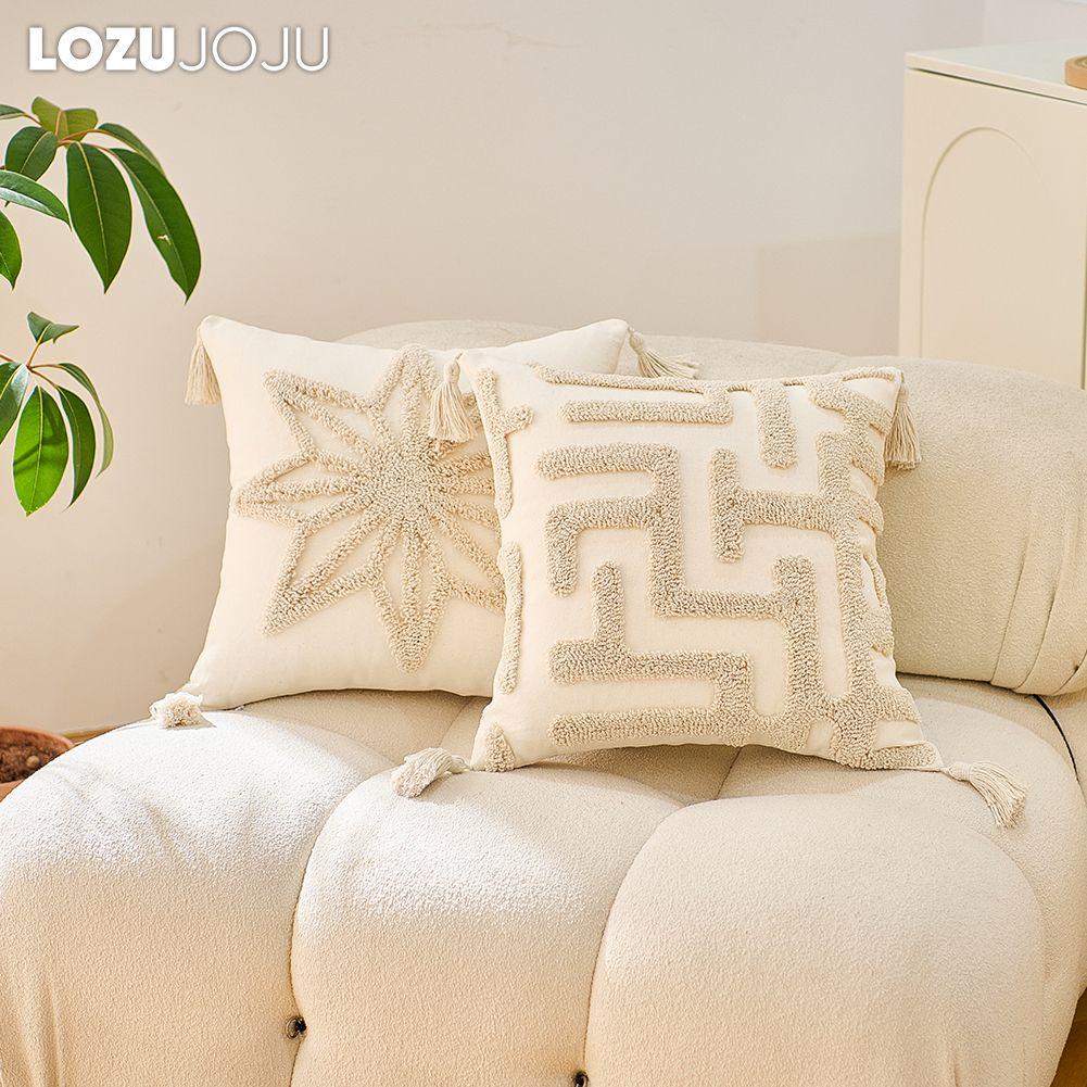 1PC LOZUJOJU Beige Soft Cushion Cover Bohemian Tassel Style Tufted Embroidered Pillowcase for Sofa Living Room Bedroom Home Decor