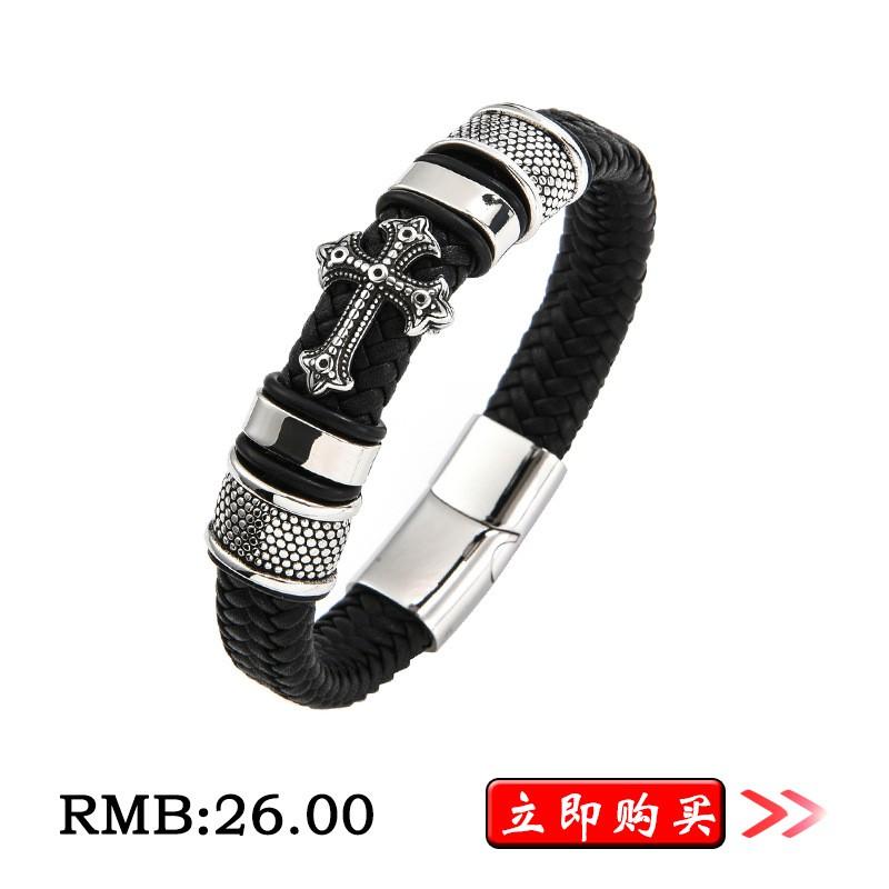Stainless Steel Dragon Head Double Clasp Bracelet Men Hip Hop Style Braided Leather Band