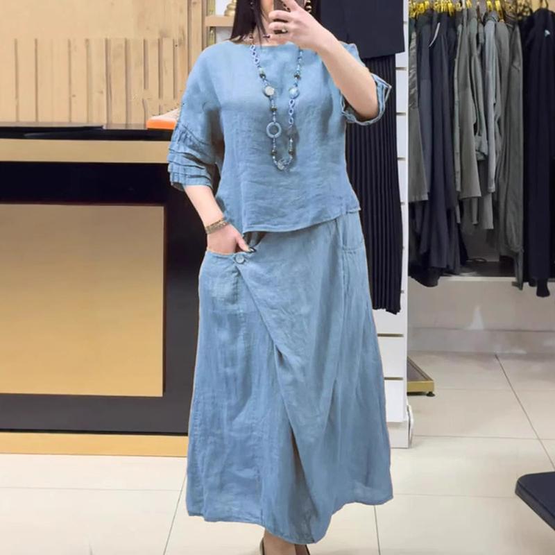 Casual O Neck Top Pullover A-Line Skirts Cotton Linen Set Woman 2 Pieces Half Sleeve Loose Outfit Spring Vintage Suit Harajuku