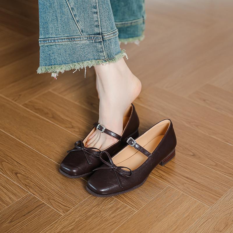 French Mary Jane single shoes women's spring and summer new square head bow ballet shoes light mouth small thick heel flat shoes soft sole