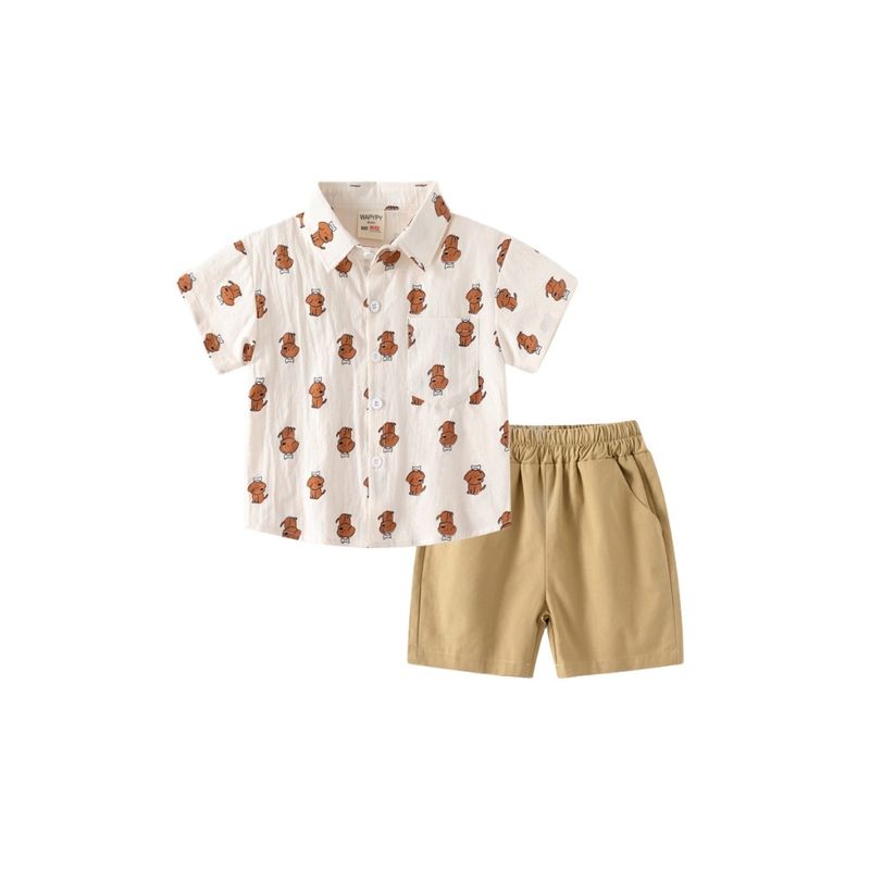 Children's Clothing Summer Boys' Bear Lapel Shirt Baby Polo Shirt Short Sleeve Shorts Suit Children's Shirt Cropped Pants
