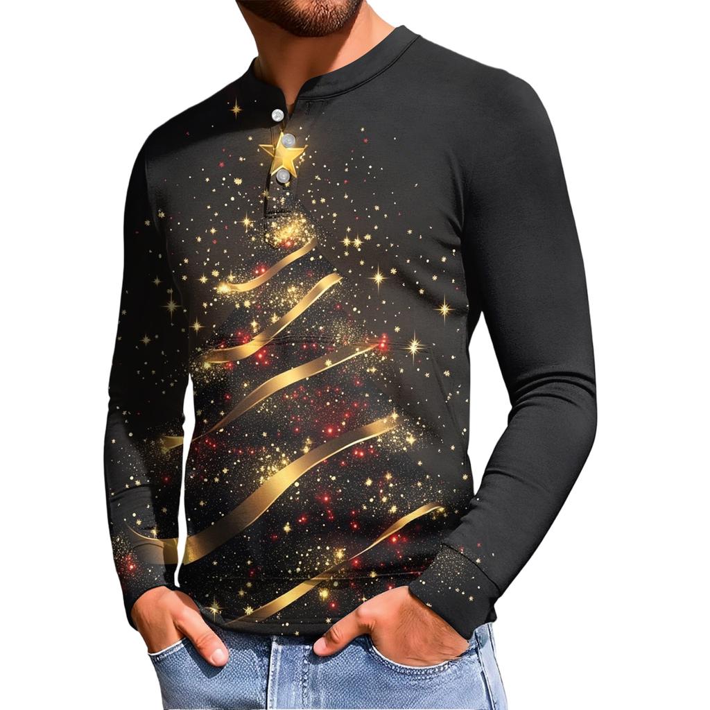 Men's Casual Button-Down Sweatshirt Fashion Printed Long Sleeve Shirt Pullover