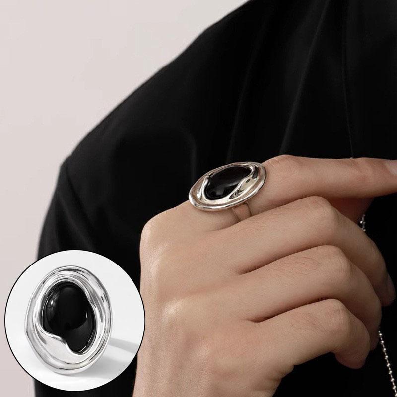 Silver Color Geometric Open Ring for Women Black Glass Acrylic Rings Minimalist Party Jewelry Lady Gift Adjustable
