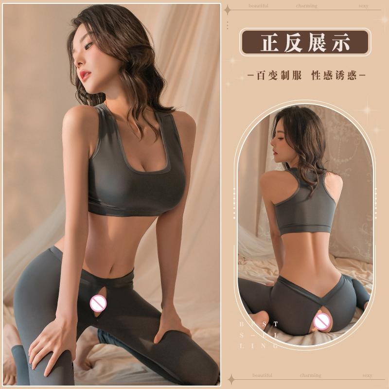 Cosplay Preto e Cinza Liso Zíper Entrepernas Abertas Calças de Yoga Roupa Íntima Meias Calças Sexy Calças Entrepernas Abertas Hotpants