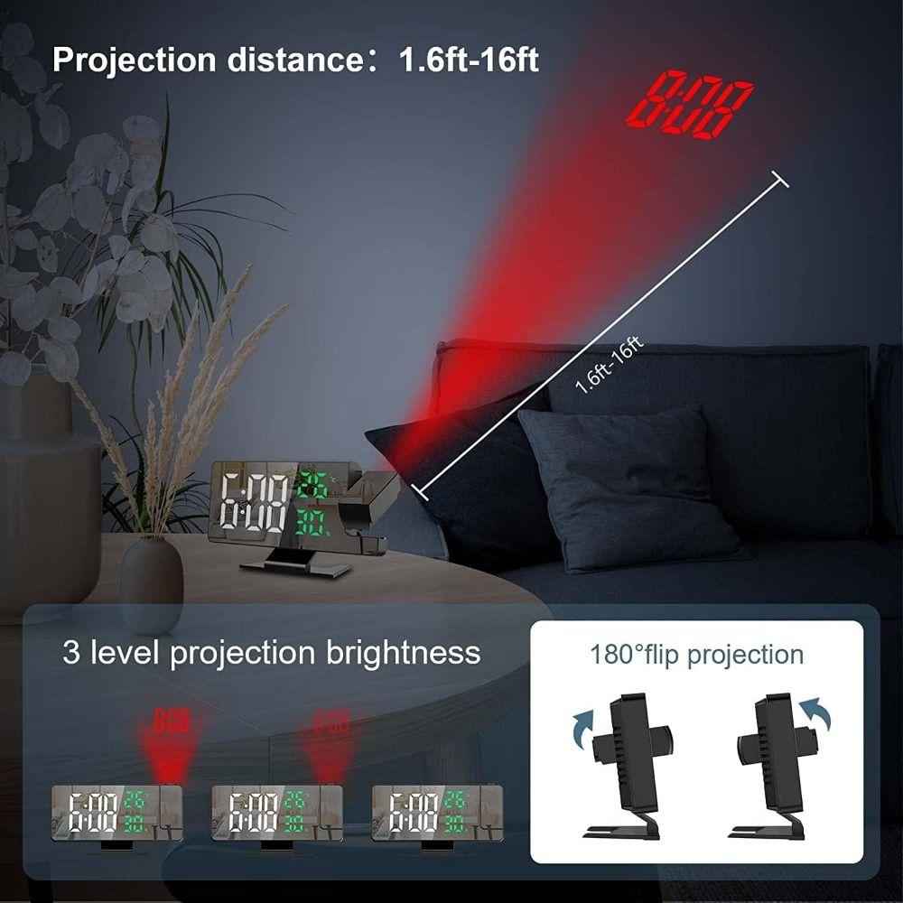 LED Projection Alarm Clock 180° Rotating Projection Weekday/Weekend Mode Projection Clock Temperature Humidity Display