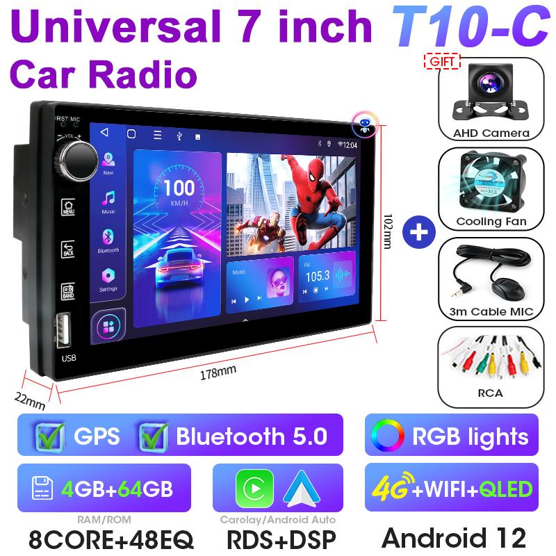 Universal 7 Inch 2 Din Android 12 Car Radio Multimedia Video Player For Nissan Kia Honda Toyota VW Ford Carplay Auto RDS DSP 4G