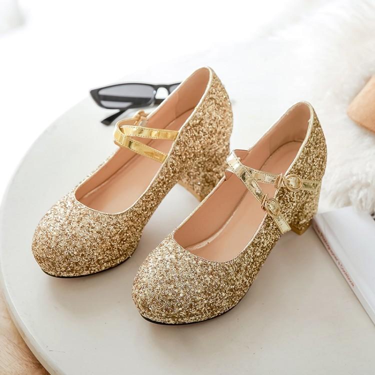 Velikost 33-43 Dámské červené třpytivé zlaté boty na vysokém podpatku, Mary Jane lodičky s dvojitým přezkovým páskem, společenské svatební