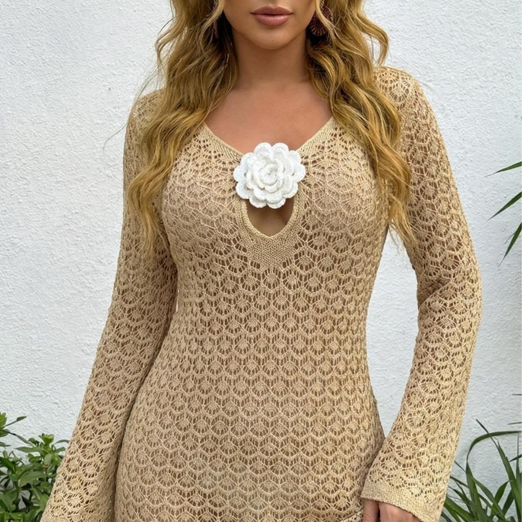 Women Long Sleeve Hollow Crochet Sheer Floral Applique Bikini Cover Up Beach Mini Dress