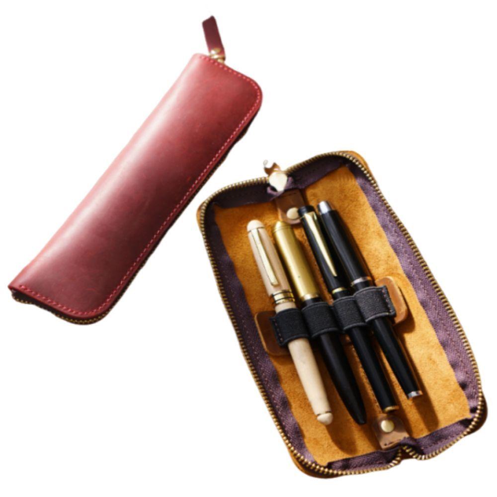 Portable Handmade Pencil Case Cowhide Compact Pen Bag Retro Zipper Closure Pen Protective Sleeve School Supplies