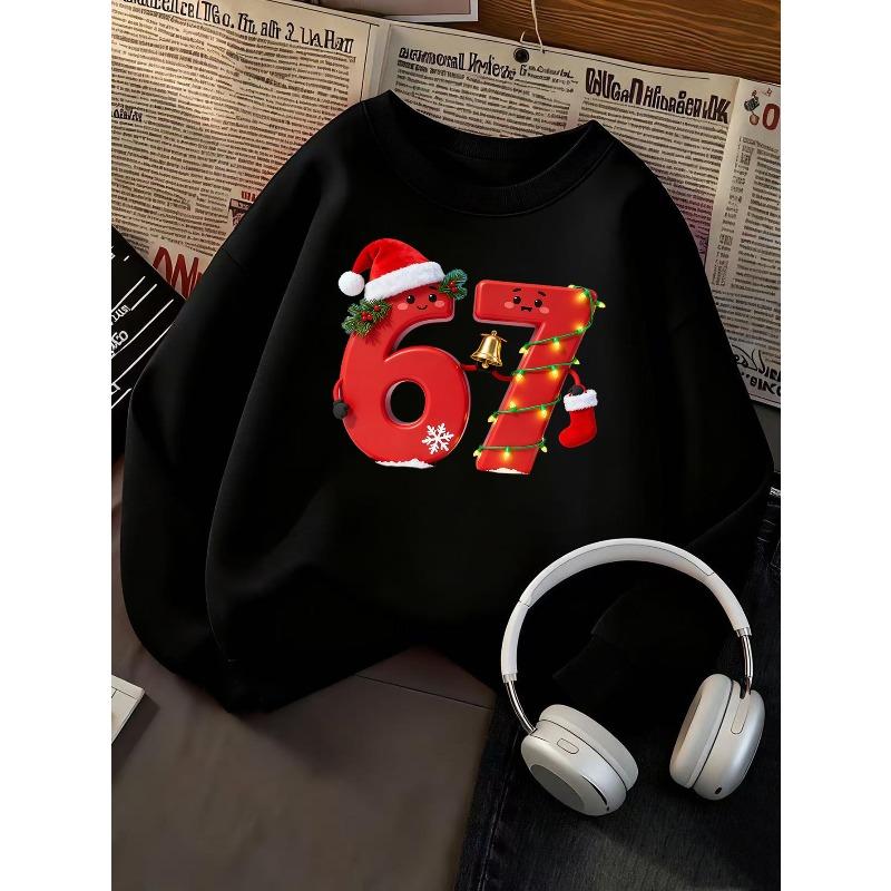 Christmas Gift For Kids Cute Cartoon Number 67 Graphic Sweatshirt Unisex Boys Girls Santa Hat Xmas Light Bell Snowflake Crewneck Long Sleeve Pink Soft