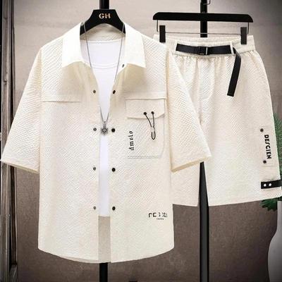 Fato de Trabalho de Verão Masculino Camisa de Lapela de Manga Curta Juvenil + Shorts Conjunto de Duas Peças Esportivo Casual