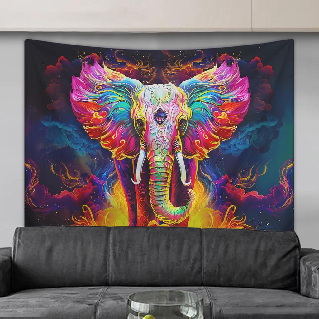 1pc Elephant tapestry, UV responsive fluorescent tapestry, watercolor elephant wall hanging aesthetic cloud tapestry