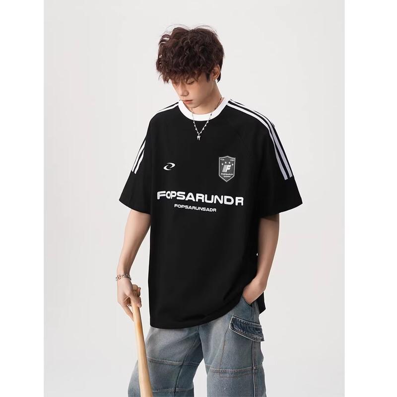 QOTRIOCK American Striped Letter Print Short Sleeve T-shirt