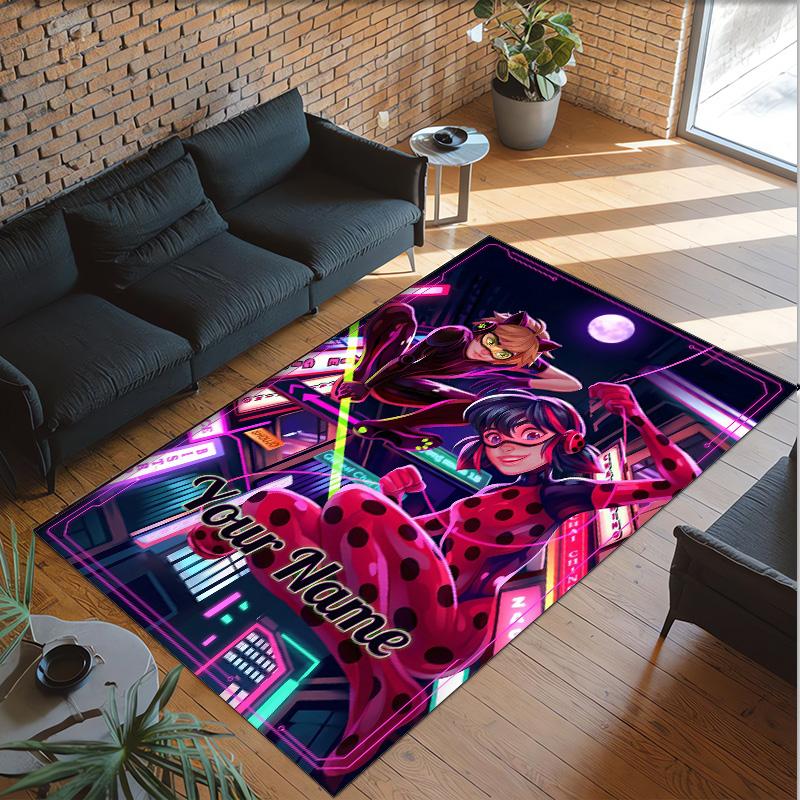 Alfombra de Terciopelo de Cristal Personalizada con Nombre y Texto, Alfombra de Área Antideslizante Miraculous Ladybug Para Decoración del Hogar