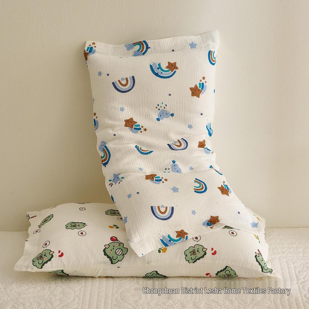 Class A Cartoon Crinkle Gauze Pillowcase Set - 100% Cotton for Kids, 2-Piece Set
