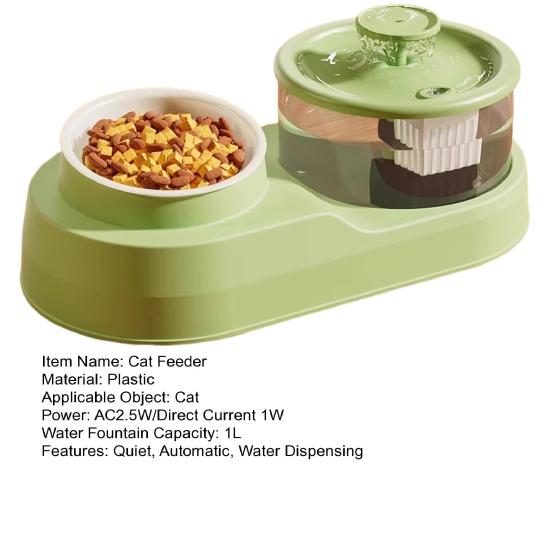 Katt Vann- og Matdispenser 2-i-1 Automatisk Kattefôrmater 1L Kattevannfontene og Matskålsett for Innekatter Små Hunder