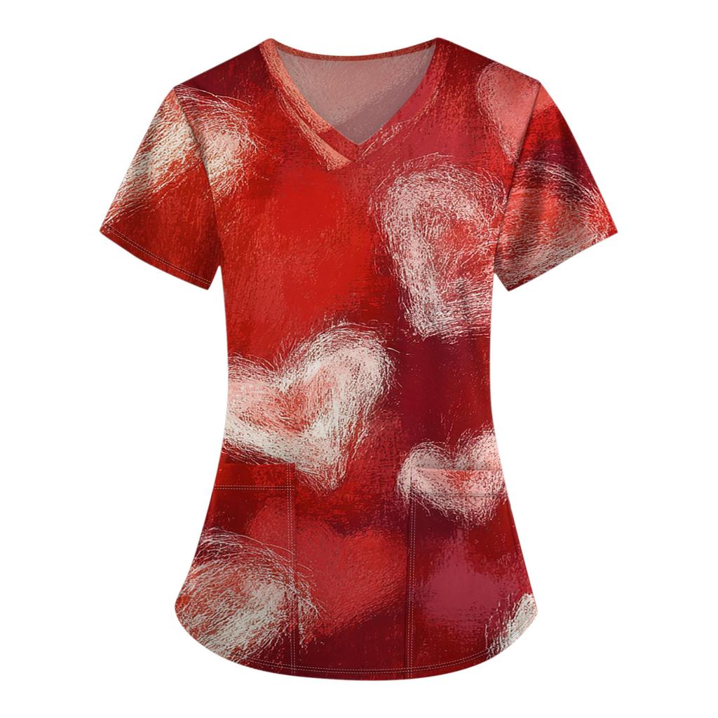 Damenmode V-Ausschnitt Kurzarm Overalls mit Tasche Valentinstag Bedruckte Oberteile Kleidung