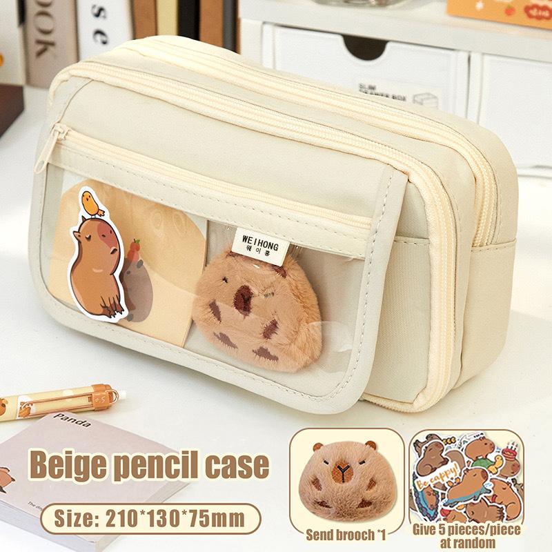 Large Capacity Pencil Bag Capybara Cartoon Stationery Holder Bag With Brooches Stickers Clips Keychains Children Pen Case