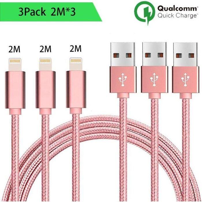 Câble pour iPhone - Non spécifié - Lot de 3 - 2M - Nylon - Rose