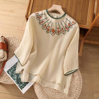 Summer Cotton Linen Blouse Women Retro Embroidery Loose Top