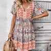 Boho V-neck Print Dress for Women Summer Short Sleeve Tie Neck High Waist Short Dress Breathable Lightweight Comfortable Slim Beach Vacation Dress