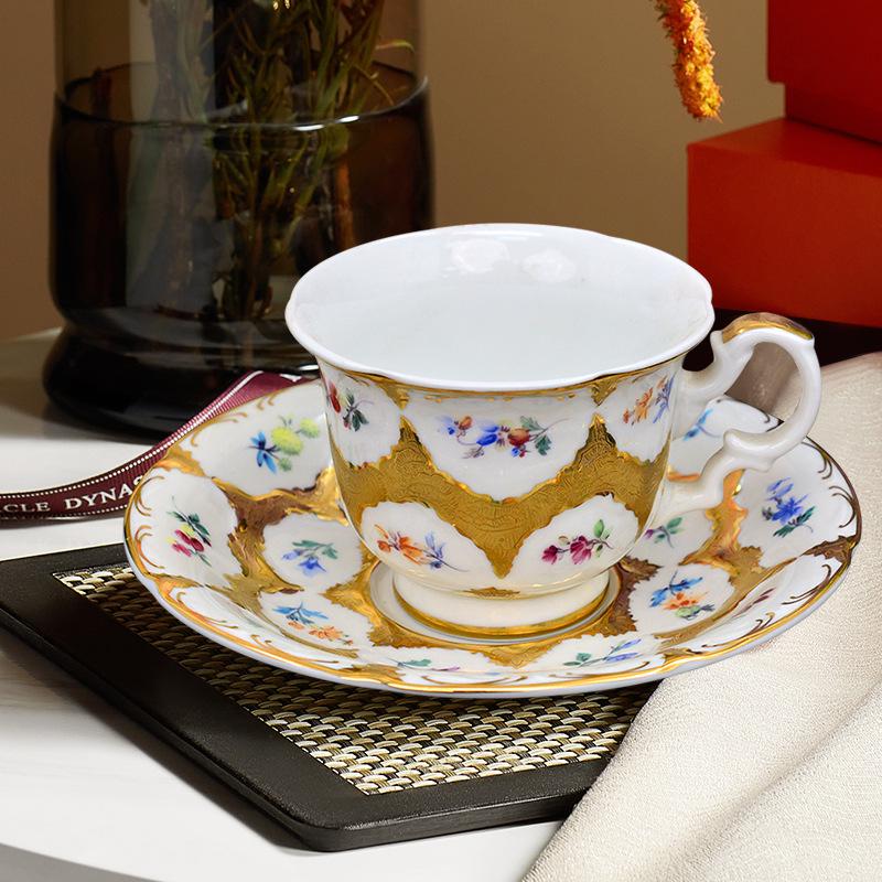 Karosa European Relief Gold Coffee Cup Set - Luxury Gold-Trimmed High-Temperature Bone China Cups & Saucers in Gift Box