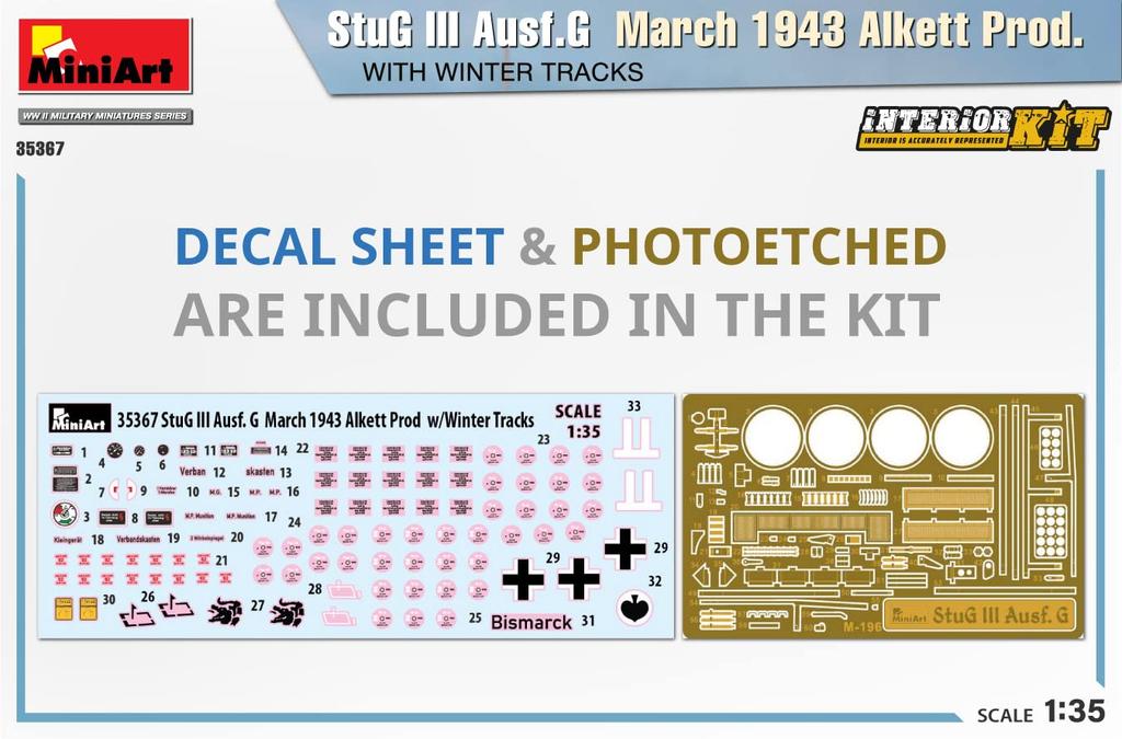 MiniArt Scale German III March with Alkett Winter Full Plastic Model MA35367 1/35 Sturmgeschütz Ausf. G, 1943, Tracks, Interior, Kit,