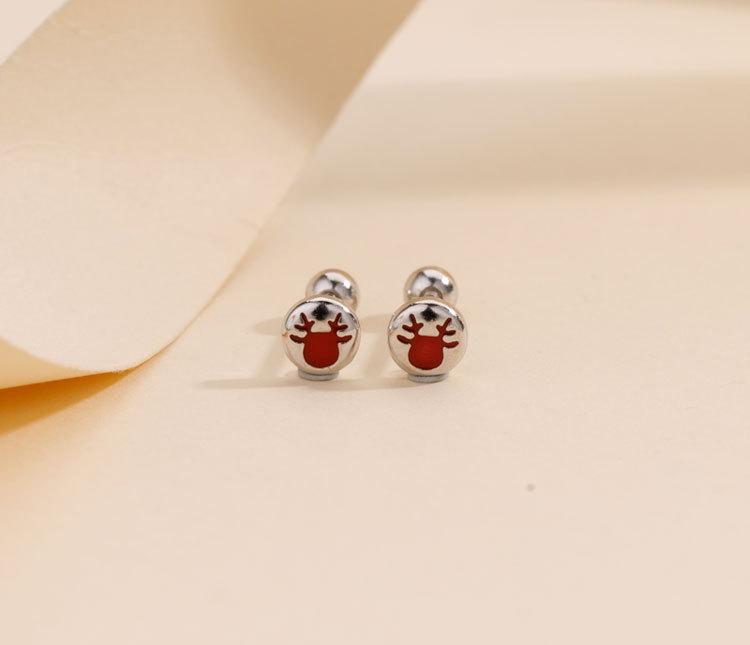 E1504 S999 Silver Elk Stud Earrings: Christmas Twist Screw Bean Design