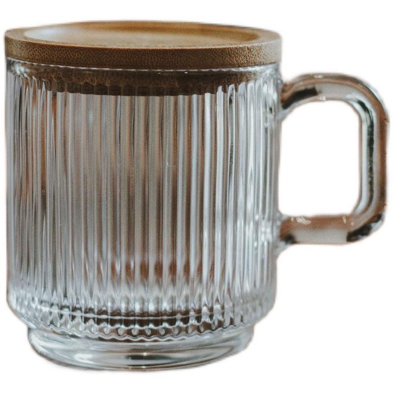 Classic Japanese-style New Round Coffee Cup Transparent Striped Wide Mouth with Lid Handle Glass Milk Cup Household Drinking Water