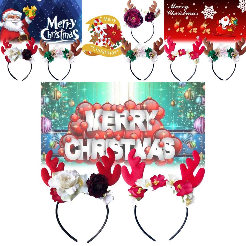 Festive Red Velvet Reindeer Antlers Headband With Floral Design For Girls