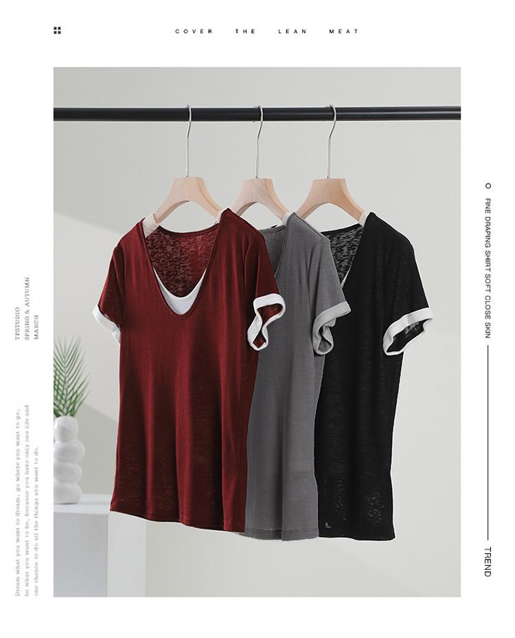 Color Blocking Fake Two Round Neck Short Sleeved T-shirt for Women In Summer 2026, Versatile and Slimming Casual Top