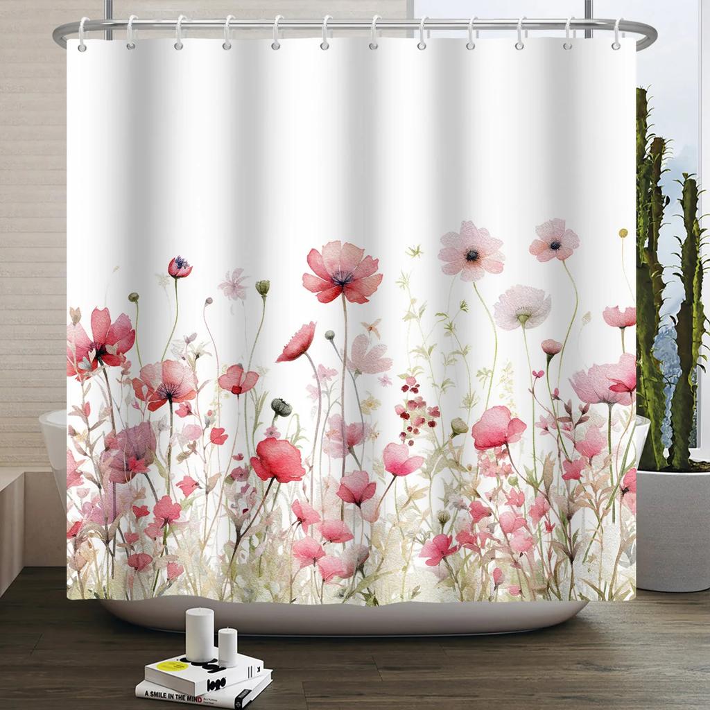 Watercolor Floral Shower Curtain for Bathroom Spring Elegant Flower Printed Bath Curtain Botanical Wildflower Bathroom Decor