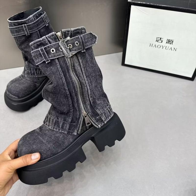 Thick Bottom Mid-calf Martin Boots Women's Fall 2025 New Niche Personalized Fried Fabric Boots Female