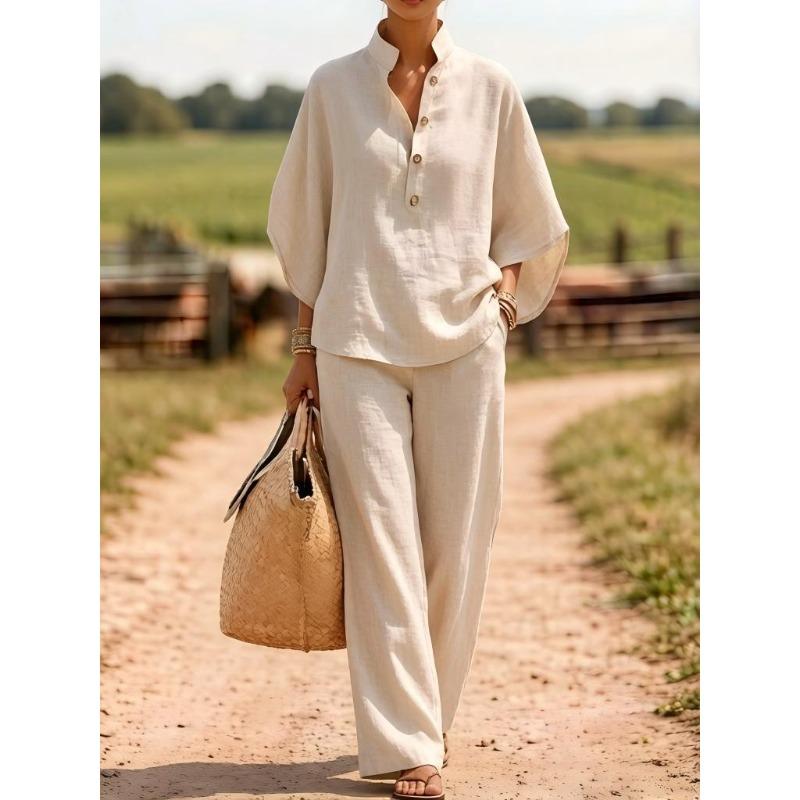 Women's Solid Color Half Placket Stand Collar Half Sleeve Shirt Wide Leg Pant Linen Two Piece Pant Suit