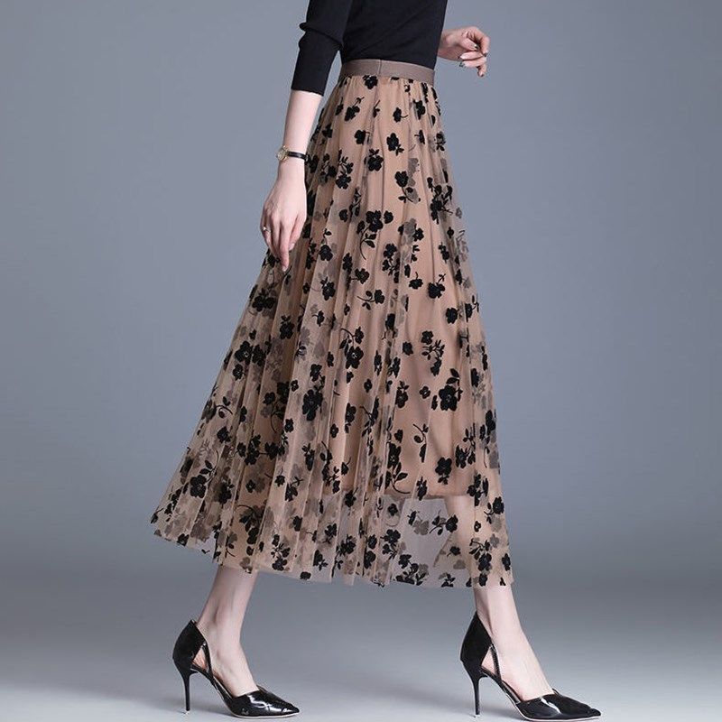 New Korean Women Tulle Skirt Fashion Summer Hook Floral Loose Midi Skirt Elegant Female Casual All Match Mesh Skirts